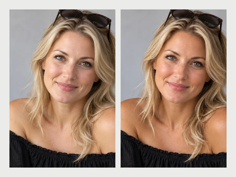 Portrait of a woman with long brown hair before and after a natural face tan