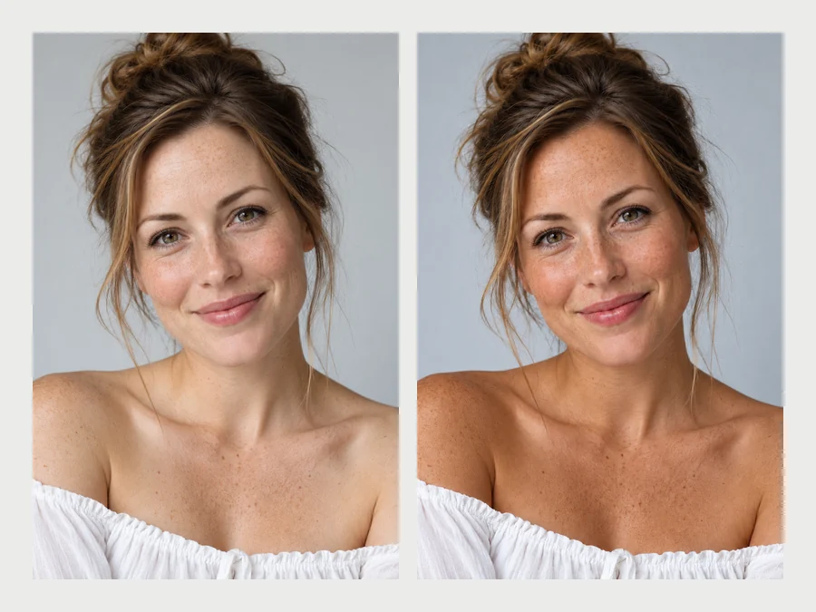 The same woman in a sun hat with a light sun-kissed tan, a soft summer tan and a glitter tan