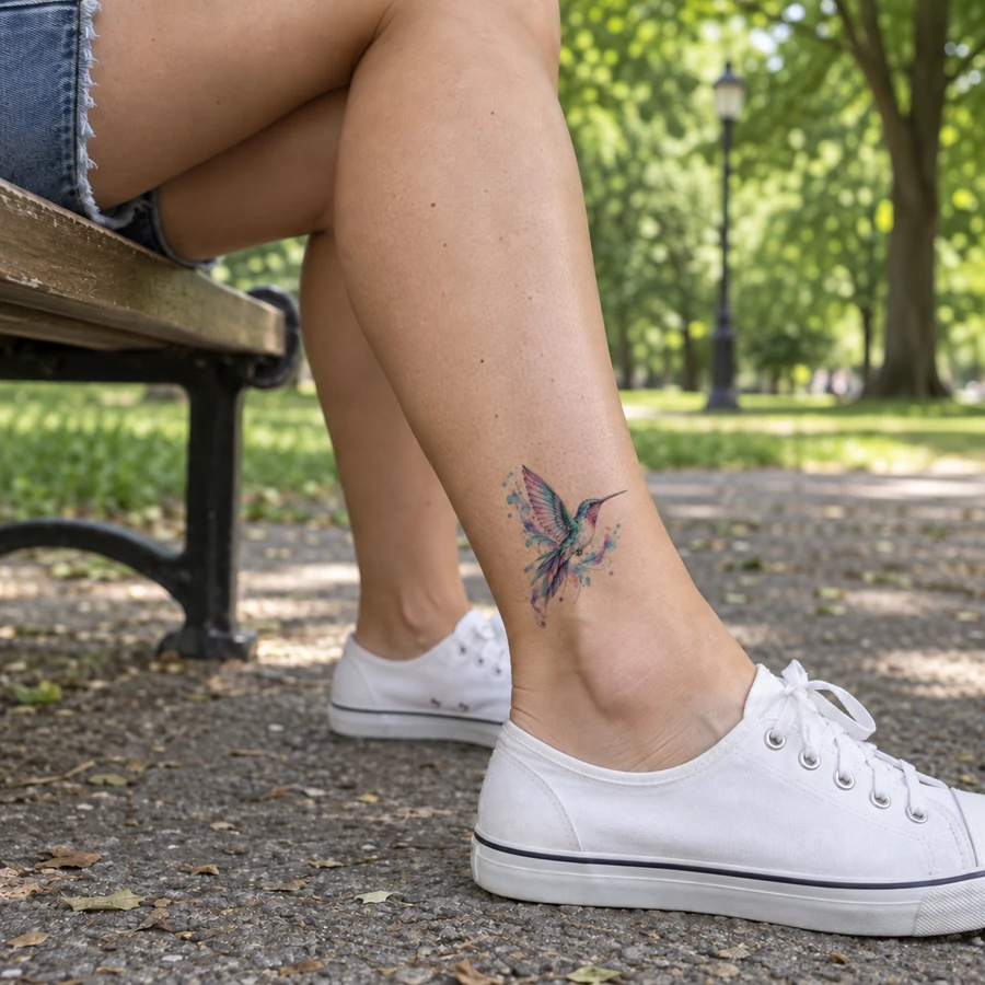 Drag to compare the ankle before and after a watercolor hummingbird tattoo (after)