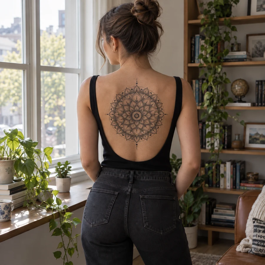 Drag to compare the back before and after a mandala tattoo (after)