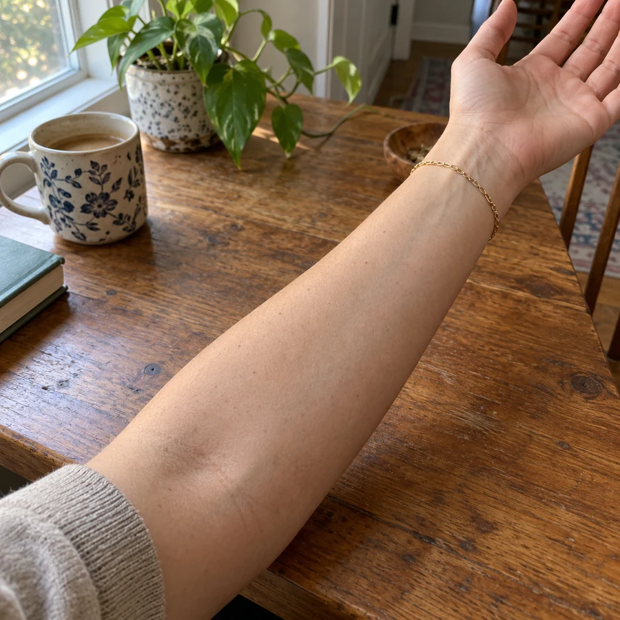 Drag to compare the forearm before and after adding a compass tattoo (before)