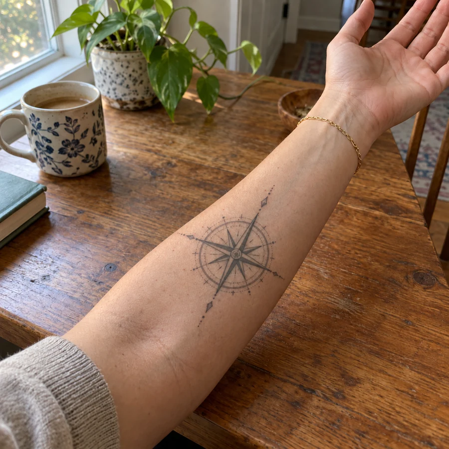 Drag to compare the forearm before and after adding a compass tattoo (after)