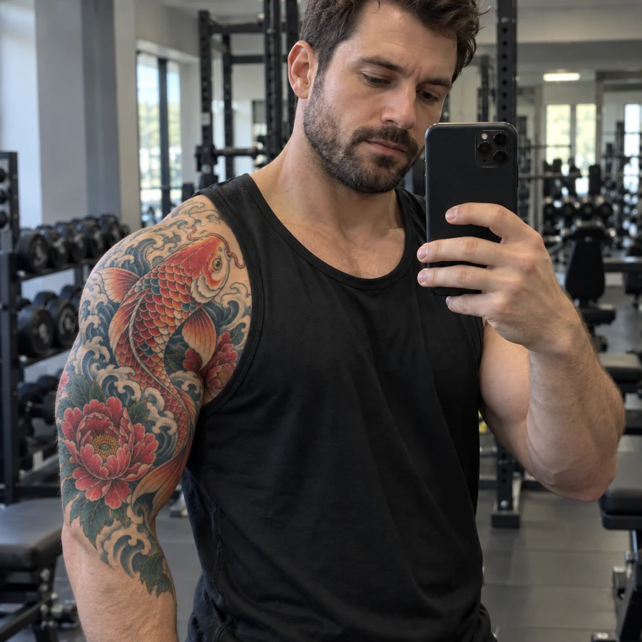 Drag to compare the upper arm before and after a Japanese koi tattoo (after)