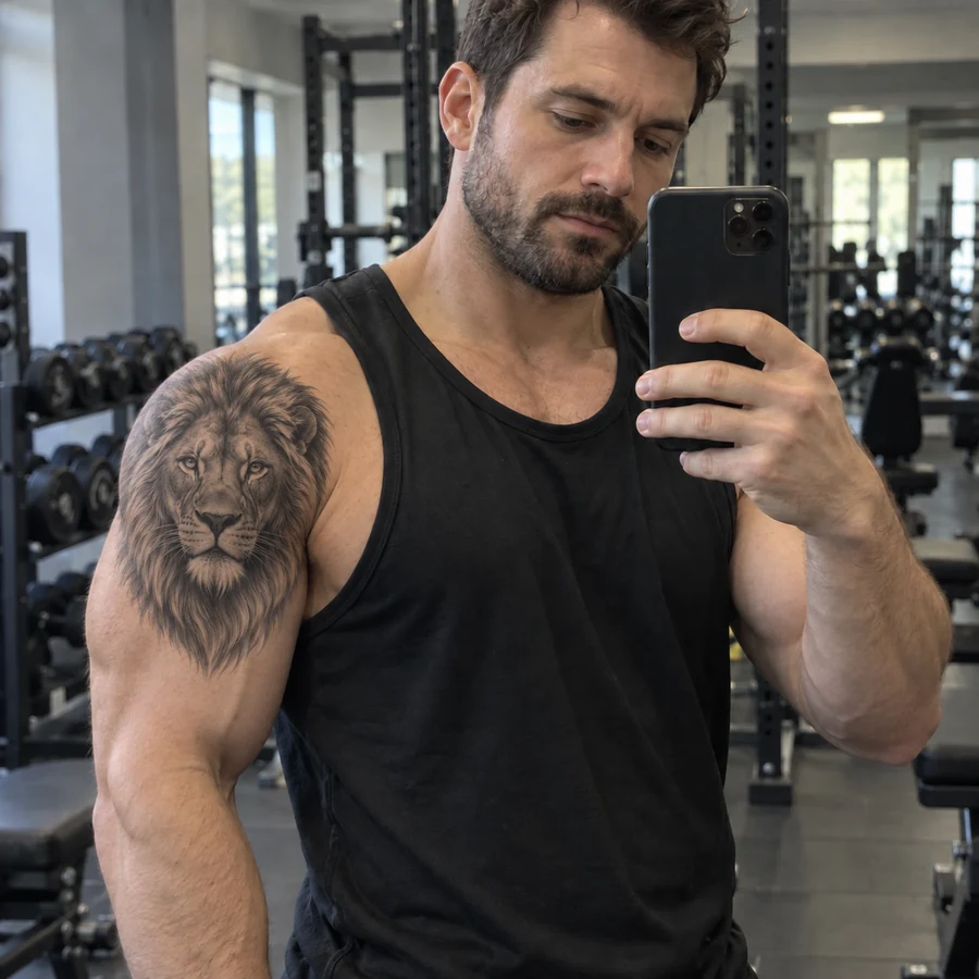 Drag to compare the gym selfie before and after a realistic lion tattoo (after)