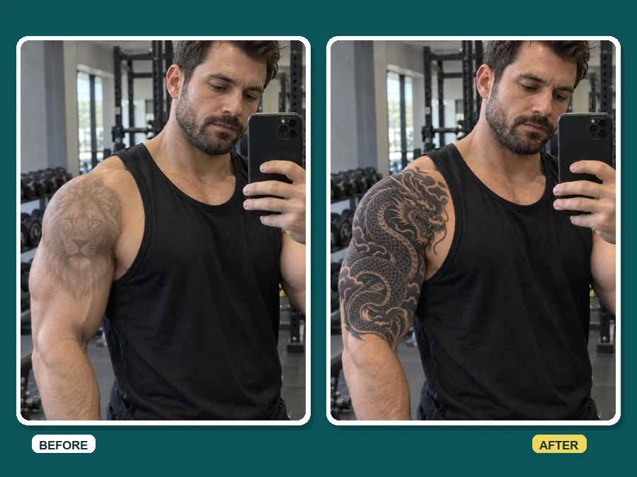 Faded old tattoo on a shoulder covered by a bold blackwork dragon design