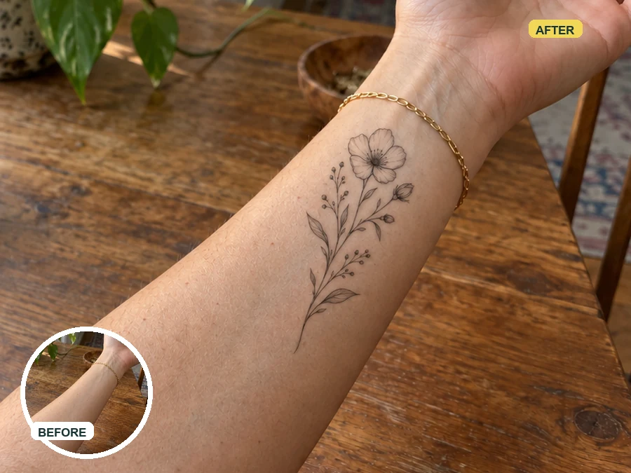 Fine-line flower tattoo preview on a wrist with the bare wrist inset