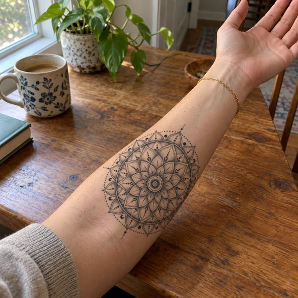 Dotwork mandala tattoo on a forearm