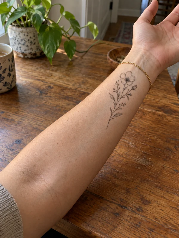 Fine-line flower tattoo on an inner wrist