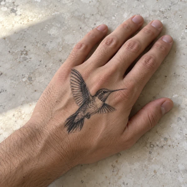 Micro realism hummingbird tattoo on the back of a hand