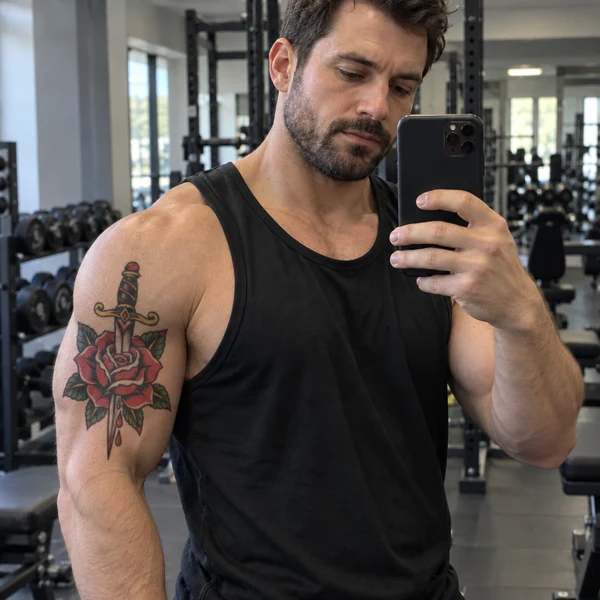 Old school dagger and rose tattoo on a bicep