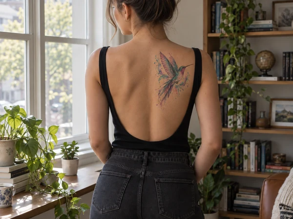 Watercolor hummingbird tattoo on a shoulder blade
