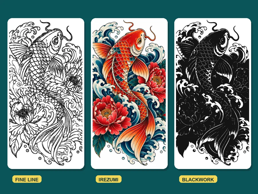 The same koi tattoo design shown in fine line, Japanese, and blackwork styles