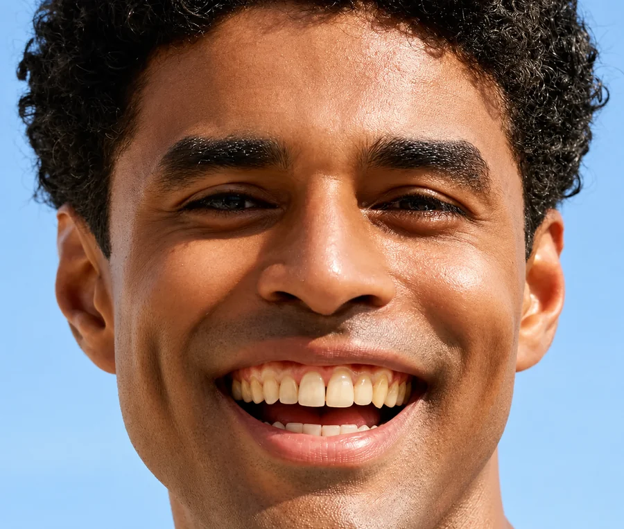 Drag to compare a close-up smile before and after AI teeth whitening (before)