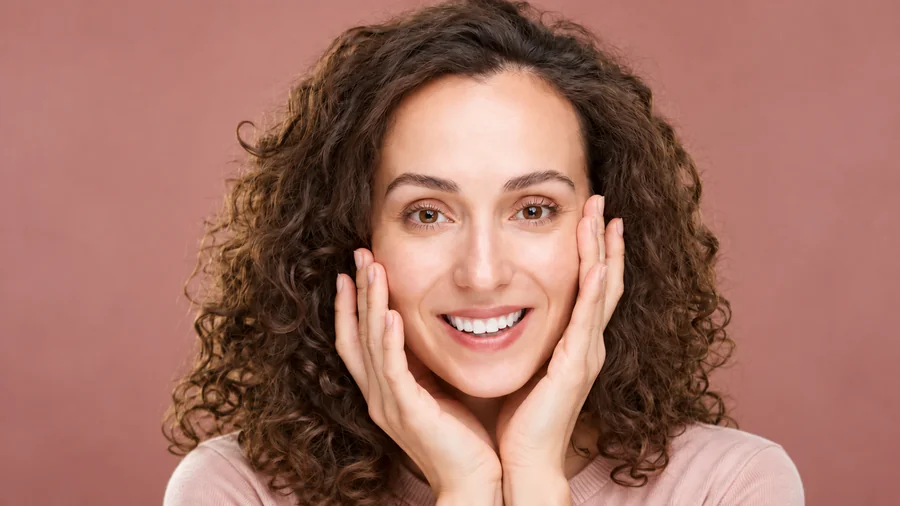 Drag to compare the beauty portrait before and after Hollywood white teeth (after)