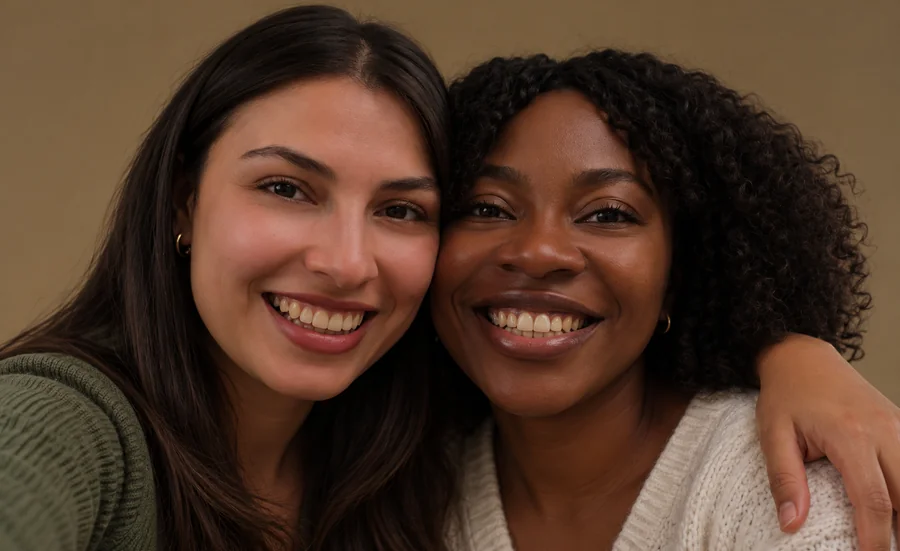 Drag to compare two friends before and after teeth whitening (before)