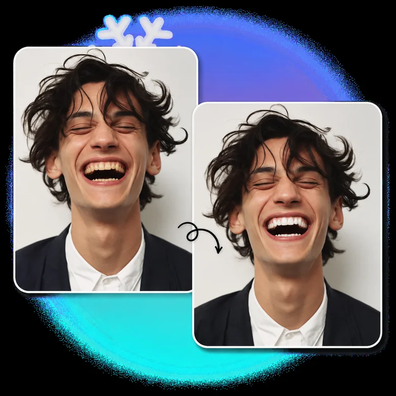 Laughing man shown before and after teeth whitening in a photo