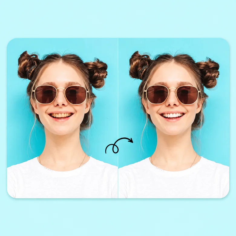 Selfie of a smiling woman in sunglasses before and after teeth whitening