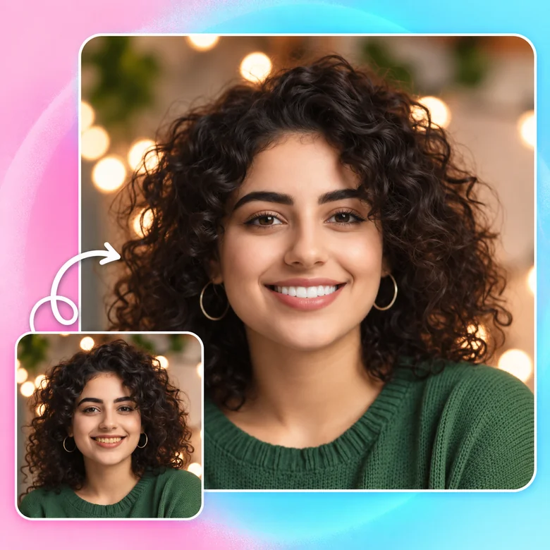 Smiling woman with curly hair after a natural white teeth filter, with the original photo inset