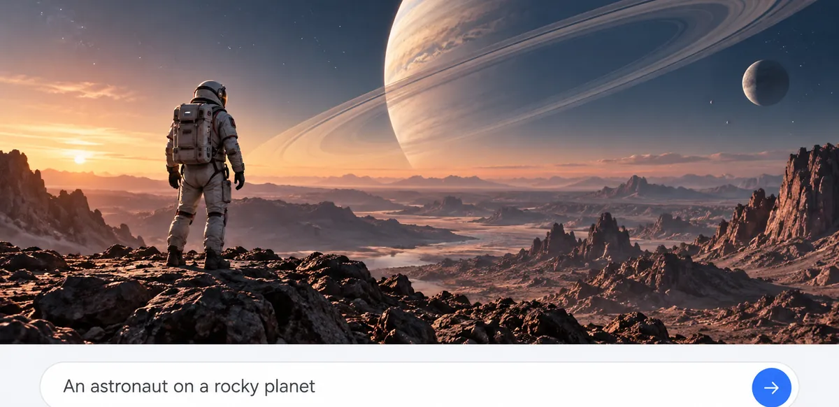 Astronaut on a rocky planet generated from a short text prompt