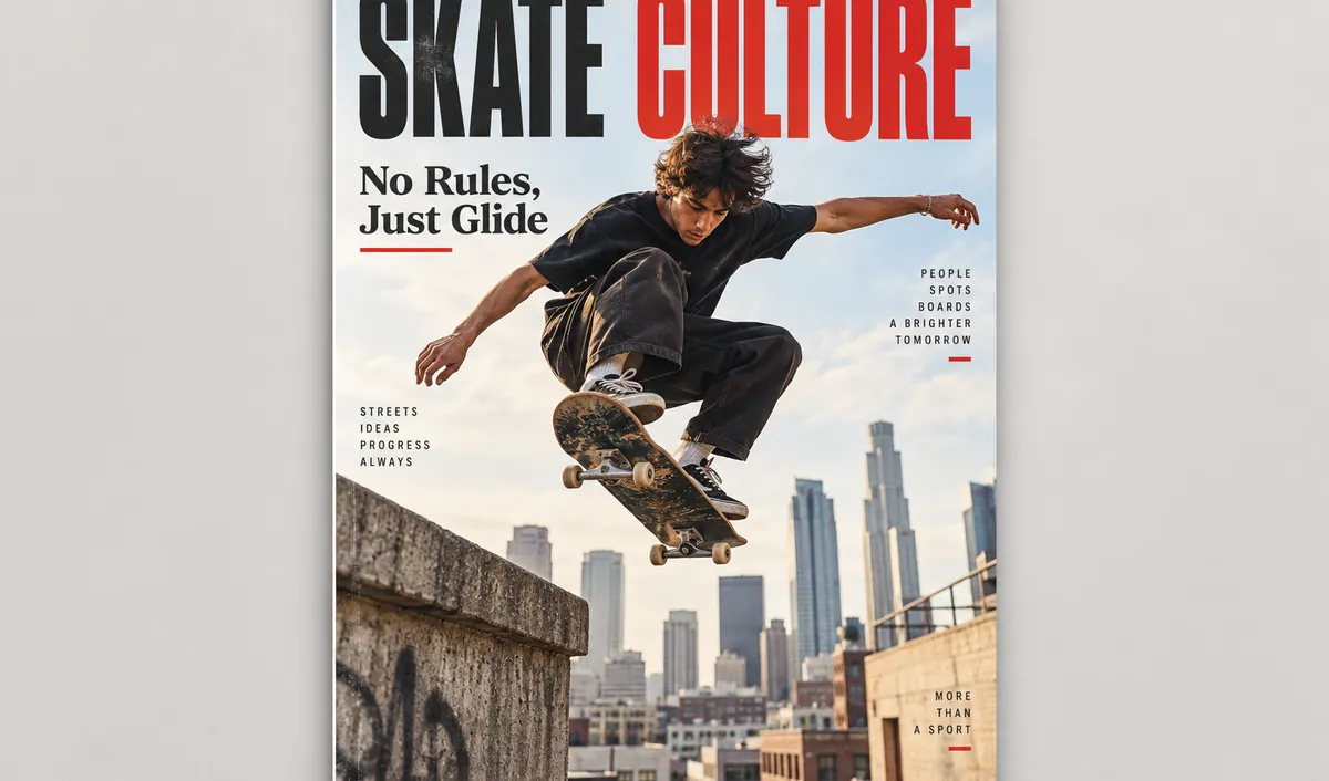 AI generated skateboarding magazine cover with a large headline and cover lines