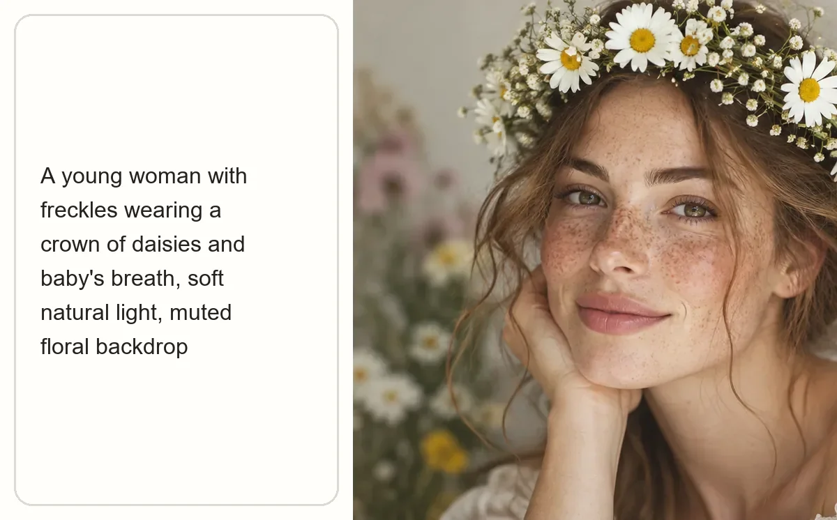 A written prompt next to the portrait the text to picture AI generated from it: a woman with a flower crown