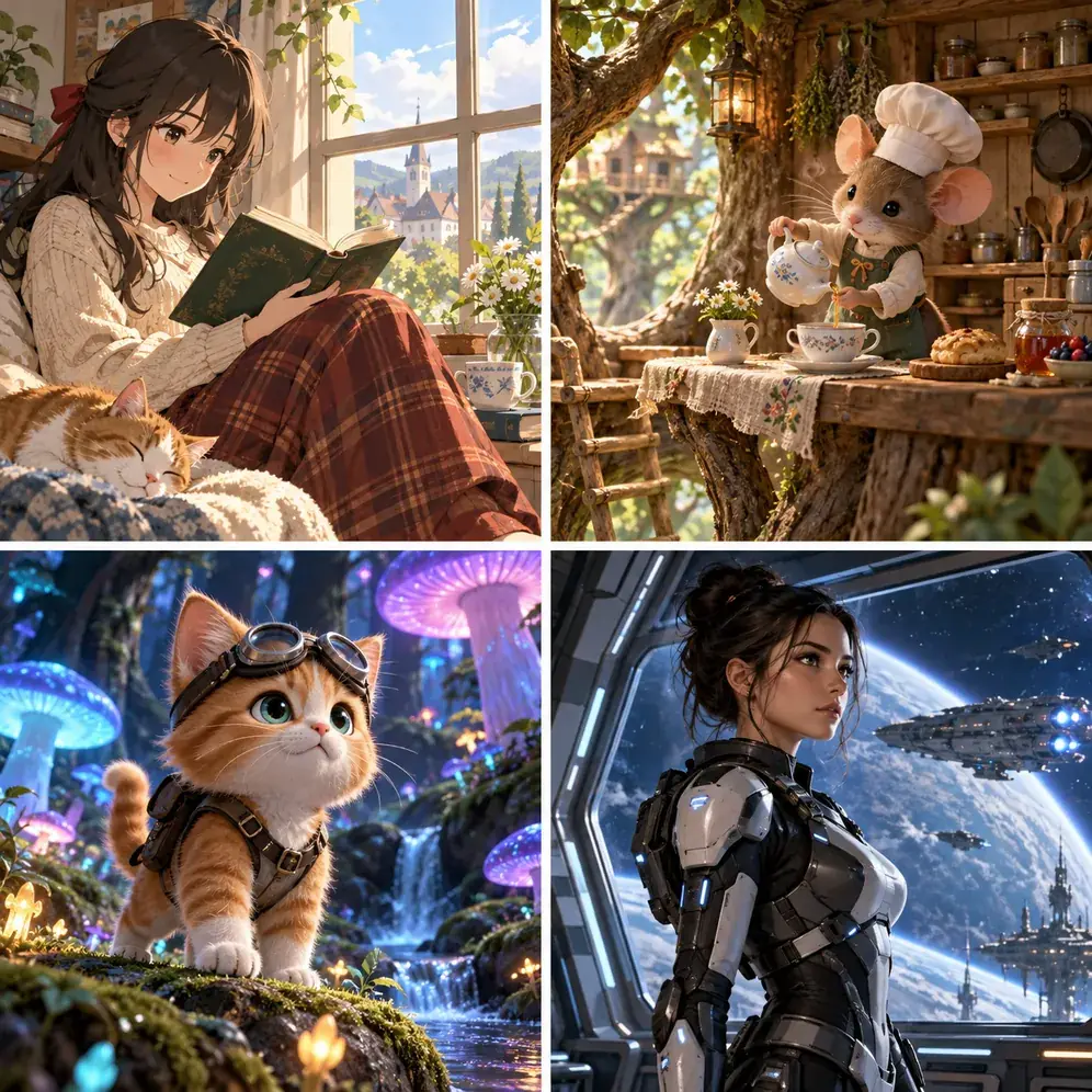 Four text to image results in anime, storybook, 3D cartoon, and sci-fi styles