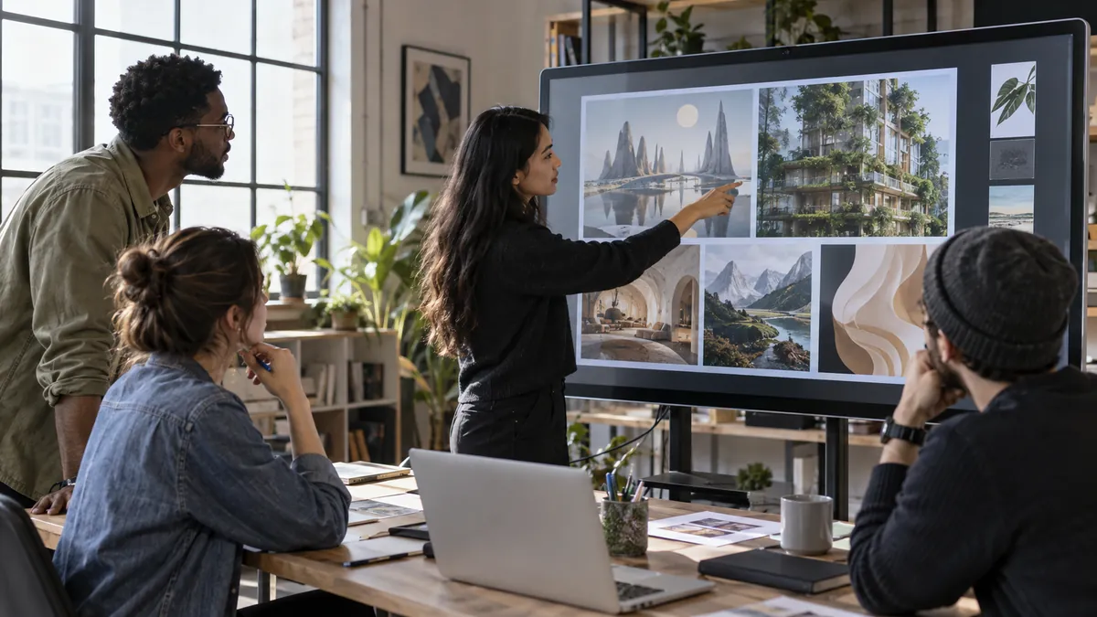 Team reviewing AI generated visuals on a large interactive display in an office