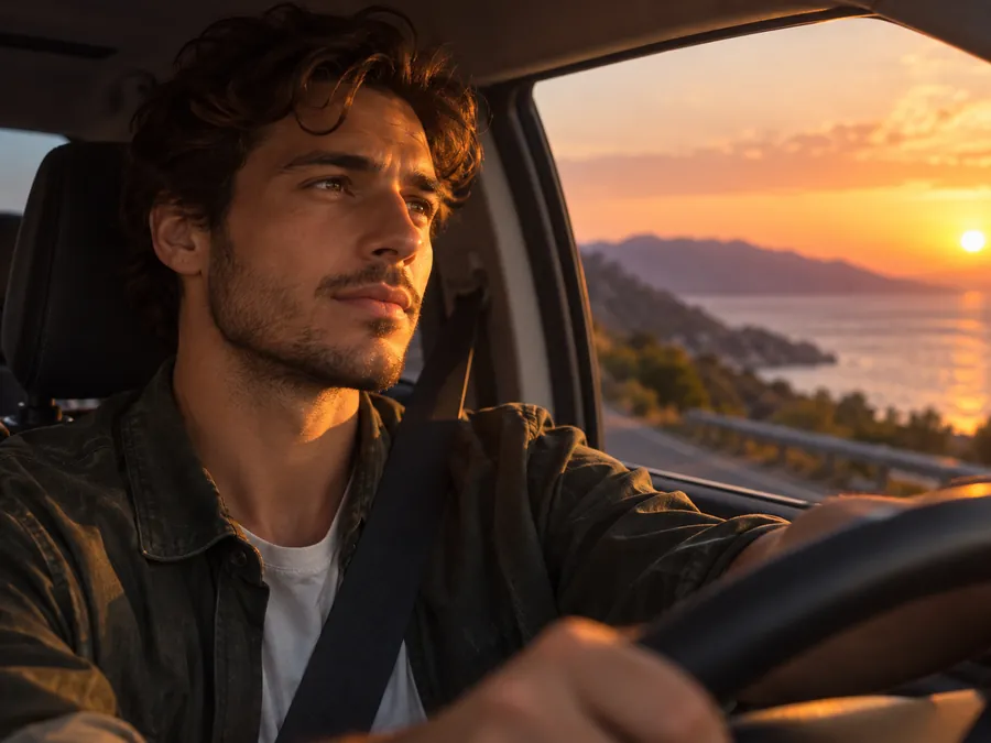 Cinematic portrait of a young man driving at dusk