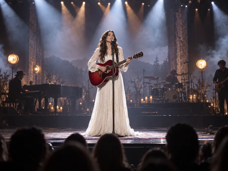 Singer in a white dress with a red guitar on a concert stage