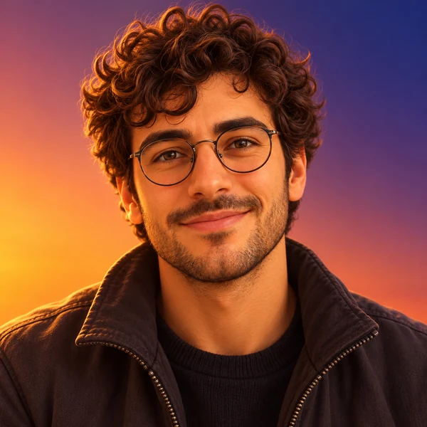 3D avatar of a young man with glasses and a backpack against a sunset gradient