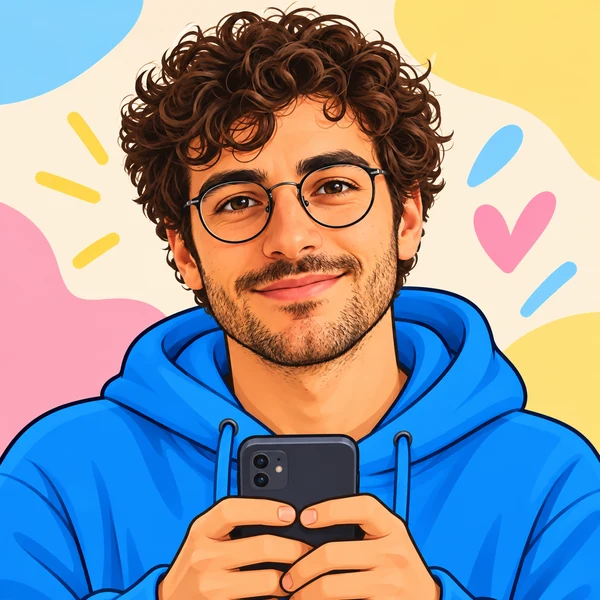 Cartoon creator with curly hair and a blue hoodie holding a phone and a pen