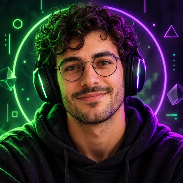 Gamer avatar wearing a headset surrounded by a glowing blue game interface