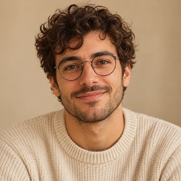 Close-up minimalist portrait of a young man with curly hair on a beige background