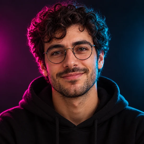 Young man with silver hair lit by pink and blue neon signs
