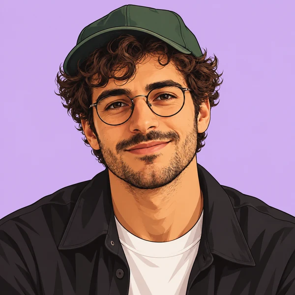Illustrated avatar of a smiling young man in a green cap and black jacket on a pastel background