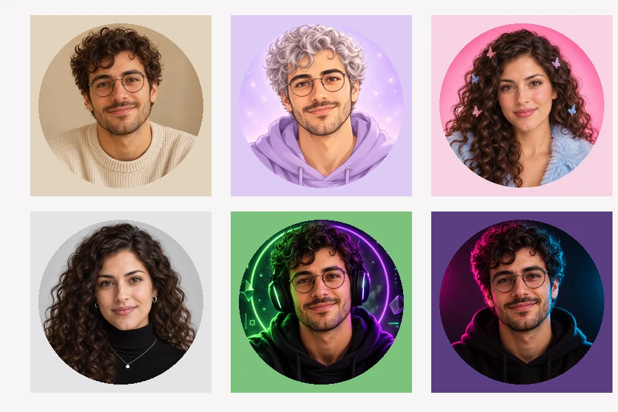Six round profile pictures: minimalist, pastel anime, Y2K, editorial, gaming, and neon