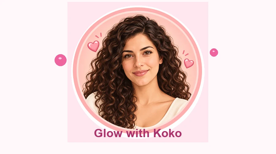 Round creator logo with a smiling woman, pink hearts, and the made-up name Glow with Koko