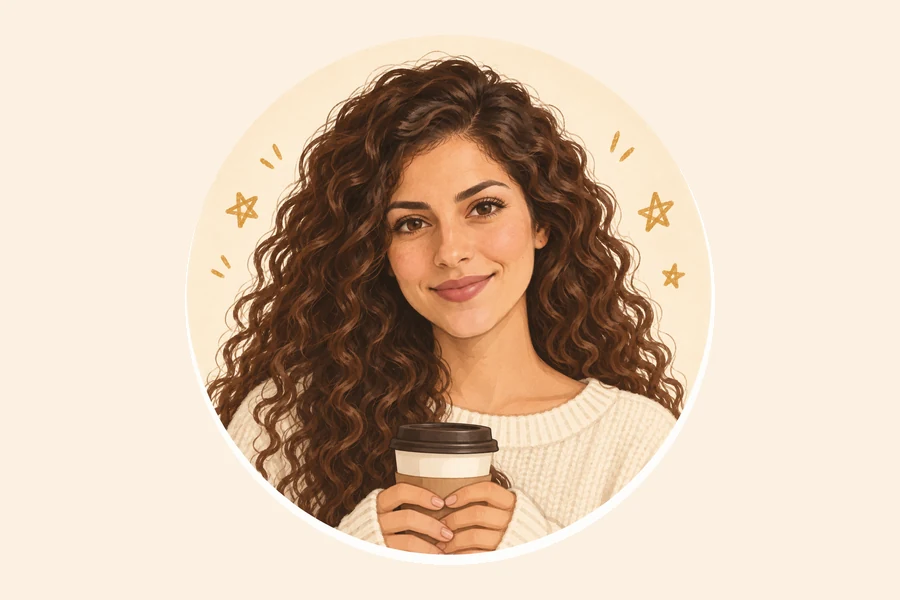 Cute illustrated avatar of a woman with wavy hair holding a coffee cup inside a cream circle