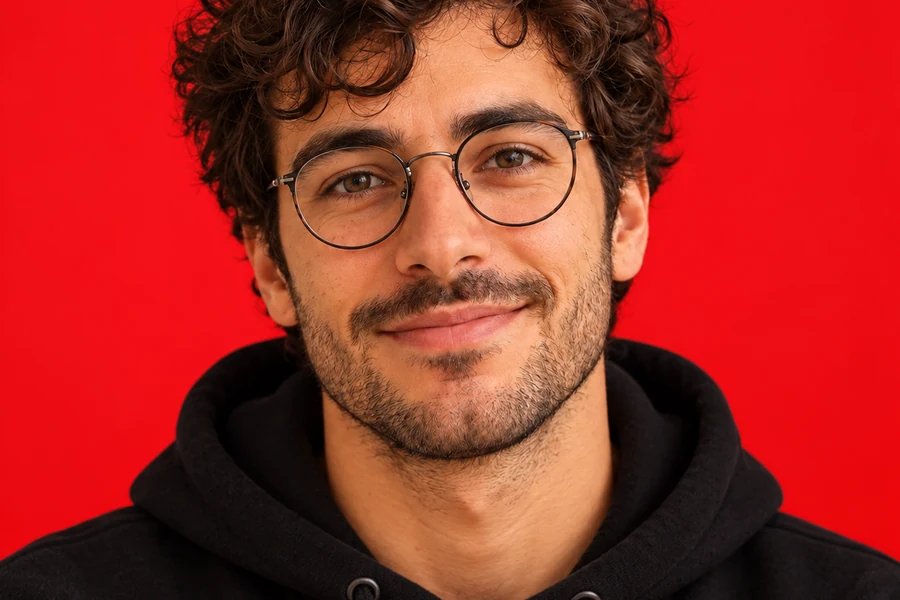 Centered portrait of a bearded man in a black hoodie against a solid red background