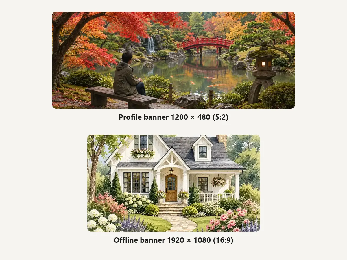 A photo resized to the 1200x480 Twitch profile banner and a painting resized to the 1920x1080 offline banner