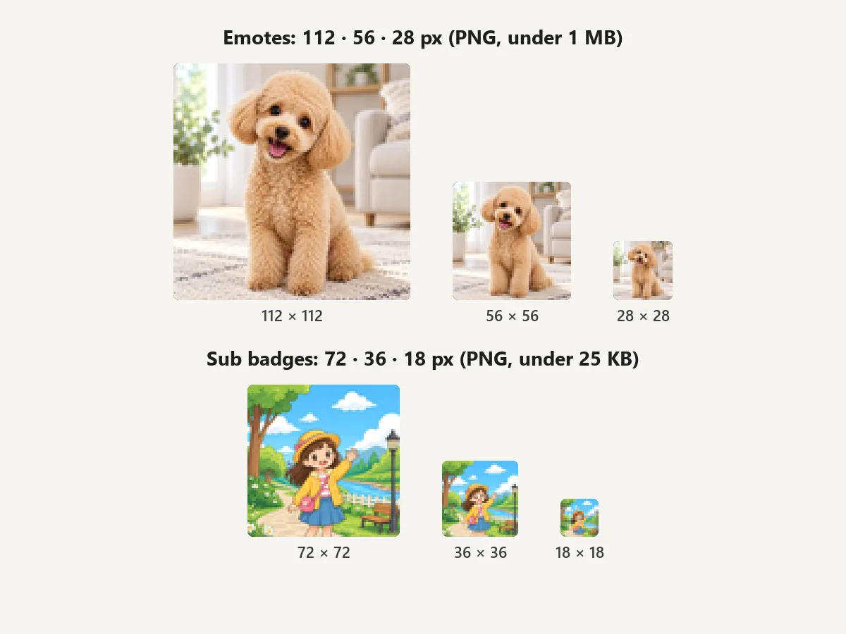 An emote rendered at 112, 56 and 28 px and a sub badge at 72, 36 and 18 px, zoomed in