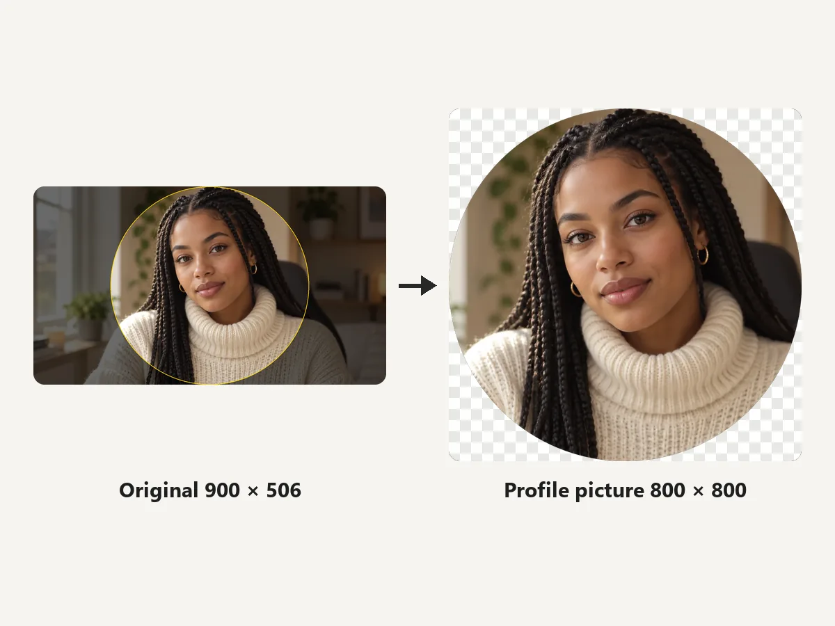Portrait with a circular crop marked, next to the round 800x800 Twitch profile picture