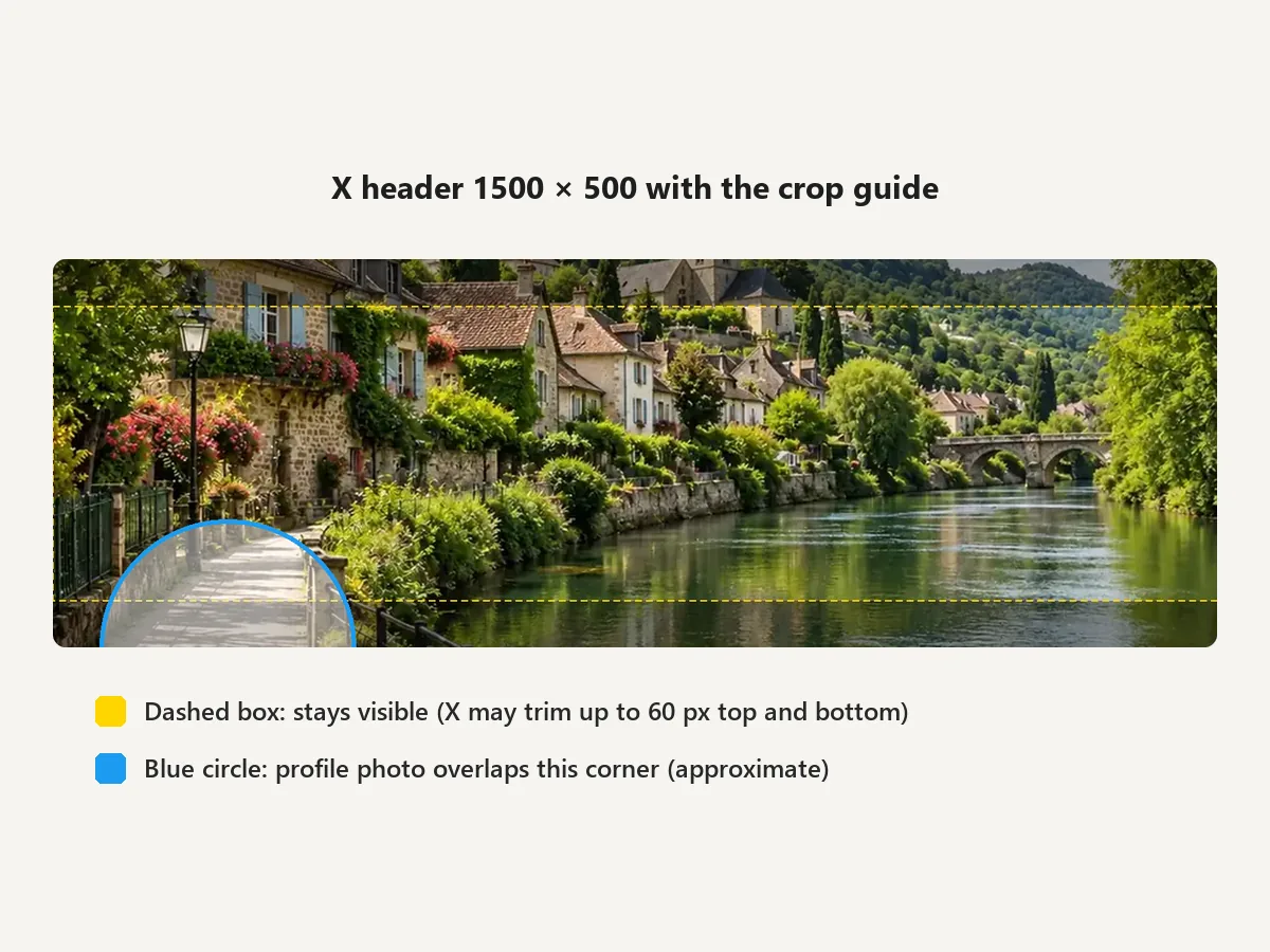 X header with the crop guide drawn and the profile photo overlap area marked
