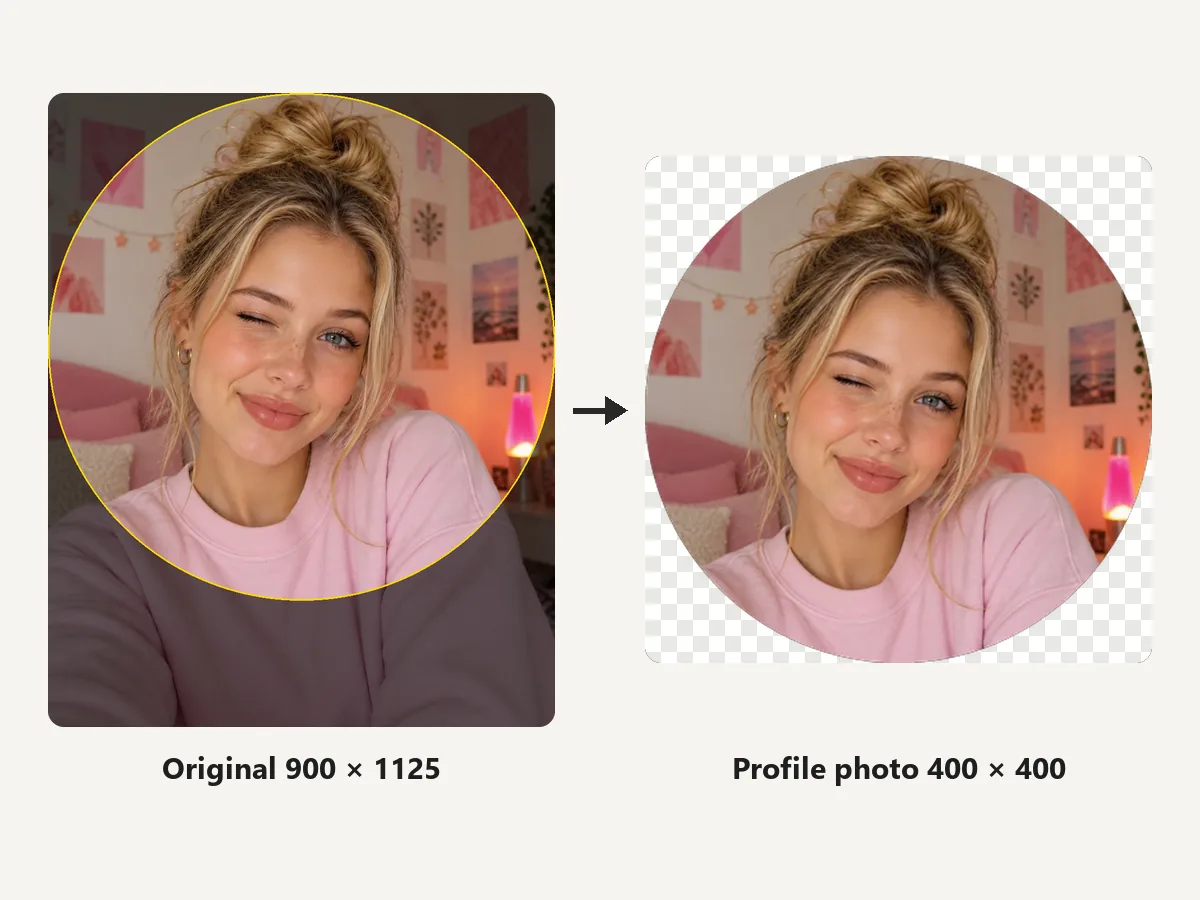 Selfie with a circular crop marked, next to the round 400x400 X profile photo