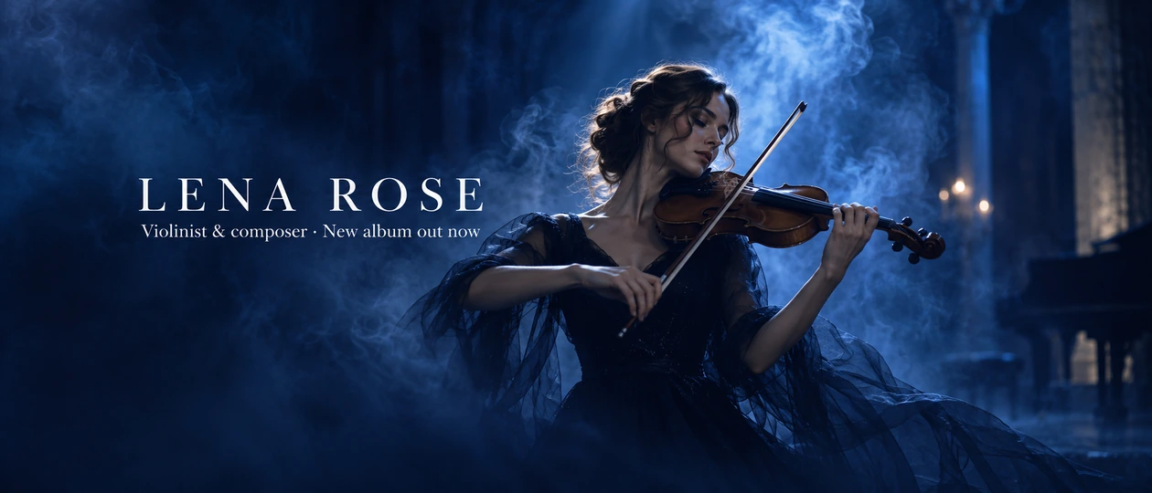 Twitter header maker result: a violinist in blue smoky light with the name LENA ROSE