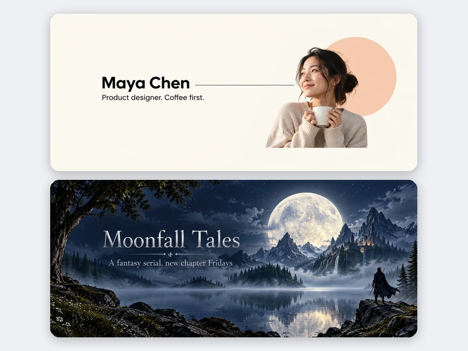 Twitter headers with the name Maya Chen and the title Moonfall Tales with taglines