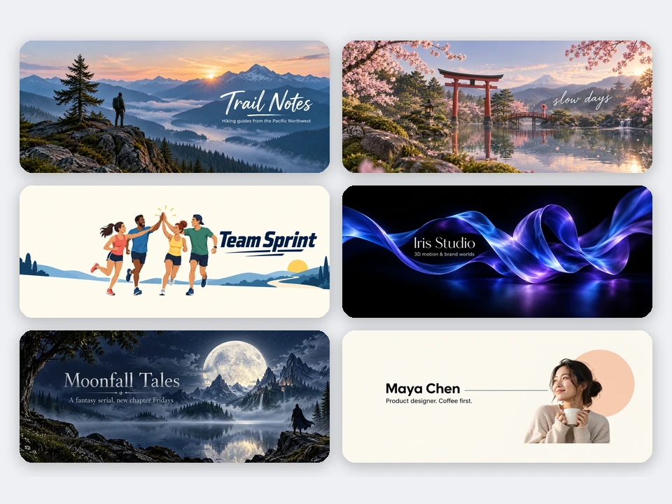 Six Twitter banners for a photographer, a garden lover, a team, a studio, an author, and a designer