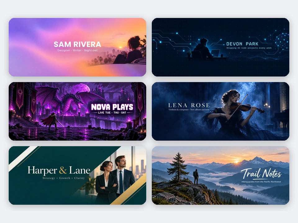 Six AI Twitter headers in gradient, tech, gaming, creator, business, and nature styles