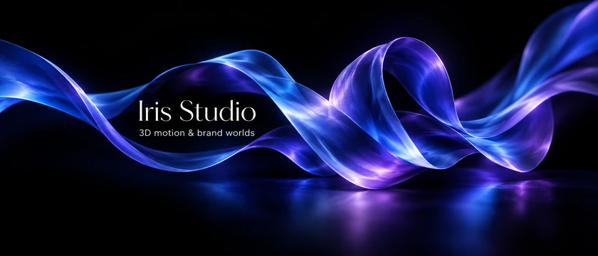 Abstract 3D Twitter header with glowing silk ribbons and the name Iris Studio