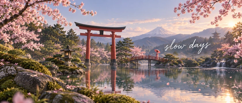 Aesthetic Twitter header of a Japanese garden with cherry blossoms and the words slow days